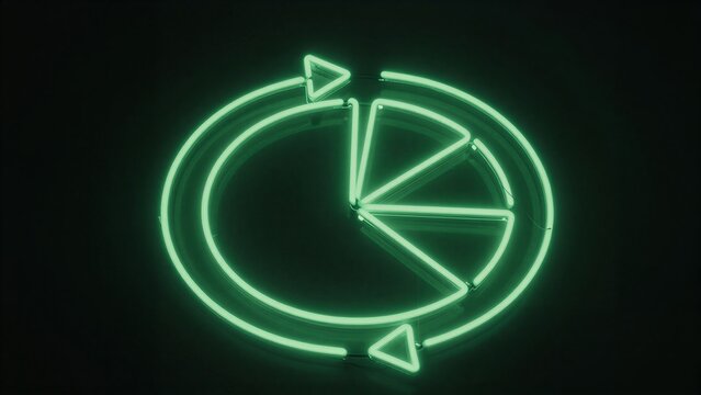 Green neon sign depicts a circular chart with arrows, symbolizing data analysis or progress.