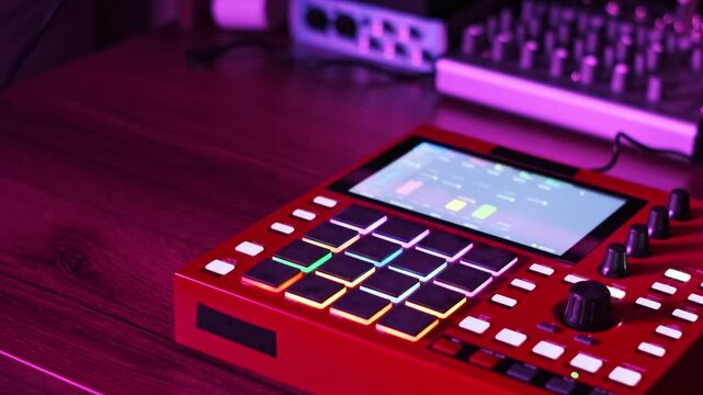 A red music production controller rests on a wooden desk with illuminated RGB pads and a touchscreen. Concept of modern beat making, audio recording, and creative electronic music studio workflow
