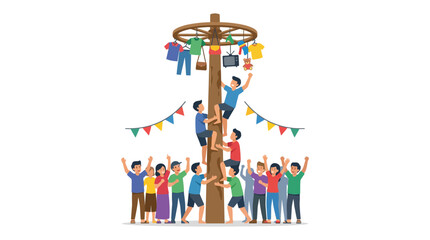 People climbing tall pole for prizes during traditional festival. © knomphseph