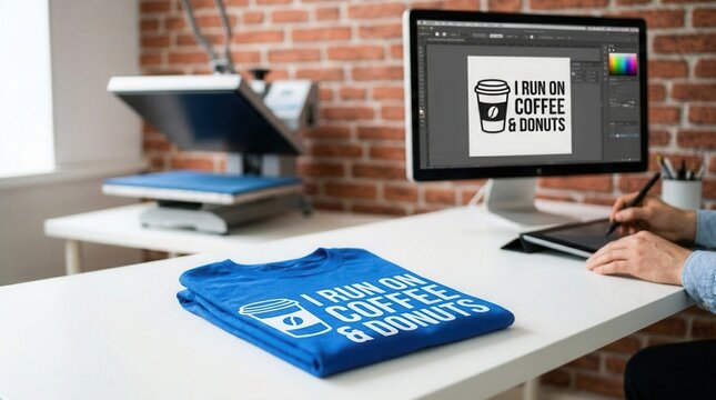 A blue t-shirt with a custom coffee and donuts graphic undergoing heat transfer printing