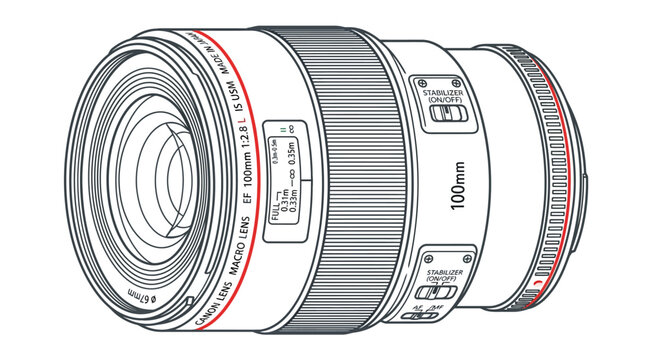 Technical line drawing of professional 100mm macro camera lens.