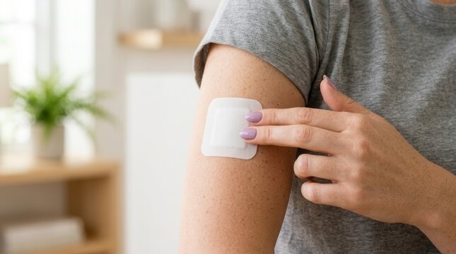 Nicotine replacement therapy NRT patch being used for smoking cessation.