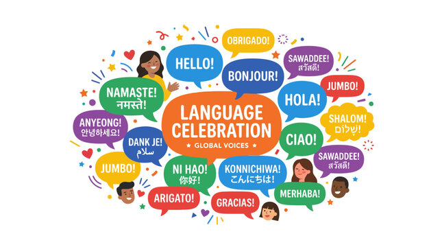 Diverse people celebrating global languages in colorful speech bubbles.