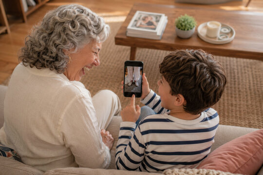 Grandmother and grandson laughing together at a failed smartphone photo on a sofa at home, warm candid family moment with funny accidental picture on mobile screen