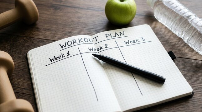 Fitness training schedule recorded in an open notebook with a pen.