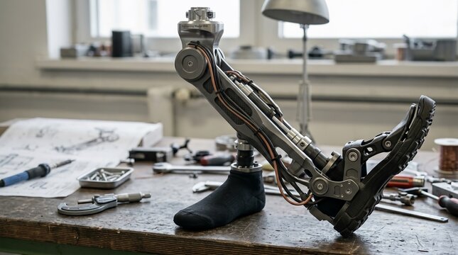 Advanced prosthetic leg assembly on workshop table with blueprints