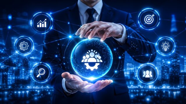 Businessman holding glowing digital sphere with human gear icon and network. Concept of human resource management and workflow automation.