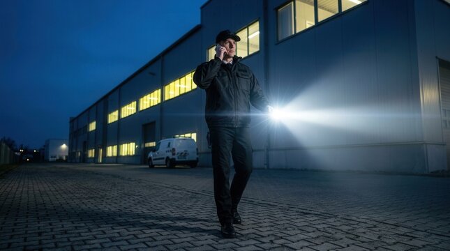 A professional security guard on patrol using a flashlight and mobile phone.