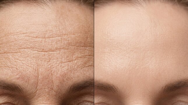Comparison of age anti forehead wrinkles treatment showing results before and after.
