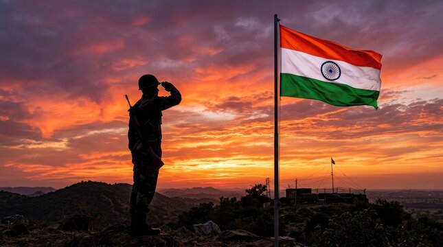 Silhouette of an indian soldier saluting the national flag against a vibrant sunset sky with orange and purple hues
