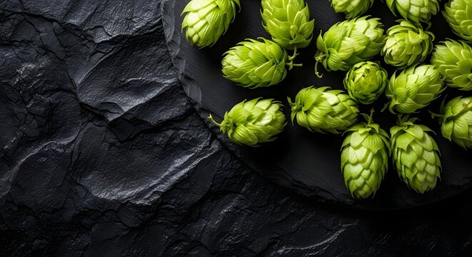 Green hops on dark textured slate