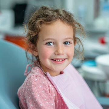 young girl is sitting in a dentist's chair. Children is smiling and enjoying her visit to the dentist
,dentistry, clinic, dental