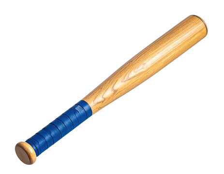 Wooden baseball bat with blue grip tape isolated on white background