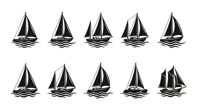 Collection of black and white illustrations of sailboats on water