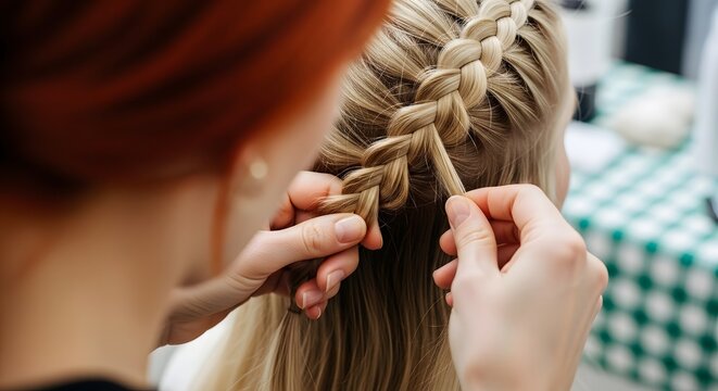 Hairstylist braiding blonde hair in salon