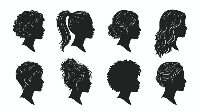 Set of Diverse Woman Hair Style Silhouettes in Profile Side View