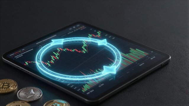 Digital currency trading on tablet with physical coins nearby, showing market trends.