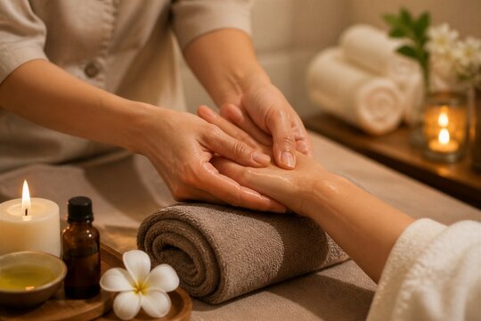 Therapist massaging client's hand on spa treatment table