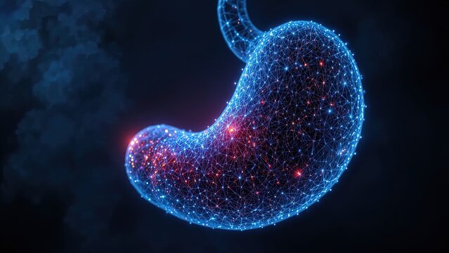 Glowing abstract network of the human digestive organ illuminated against a dark background.