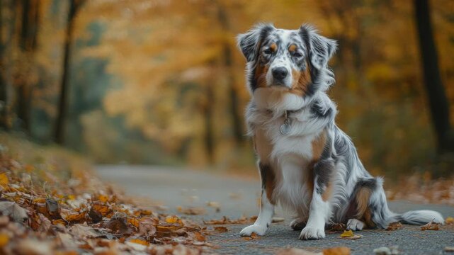 Dog sitting in fall foliage on path with leaves and trees.