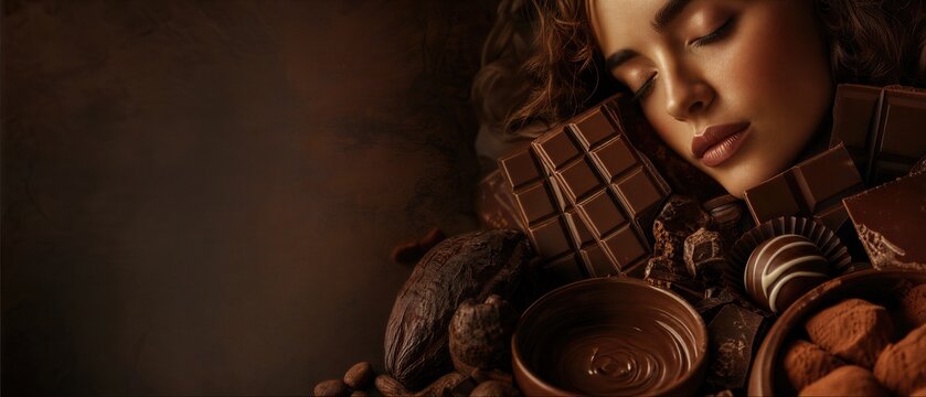 Woman relaxing with dark chocolate cocoa beans on World Chocolate Day. Portrait of girl enjoying aroma of confectionery sweets. Banner with copy space