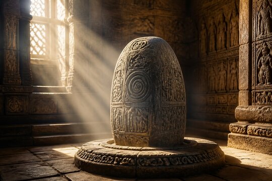 Stone carved lingam illuminated by sunlight inside ancient temple