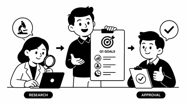 Team collaboration and approval process illustration.