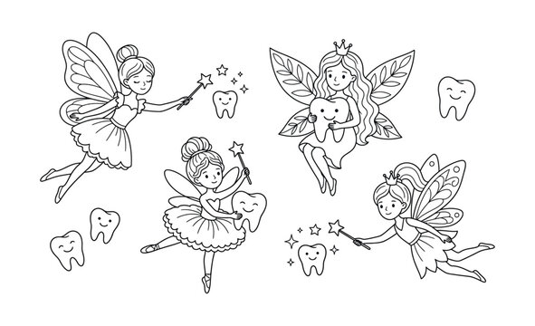 Four whimsical cartoon tooth fairies with wings and wands playfully interacting with cute smiling human teeth in a charming line art style tooth fairy fairy dental illustration