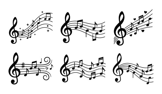 Collection of musical notations featuring treble clefs notes rests sharps and decorative elements like stars and hearts music notation musical notes eighth note quarter note
