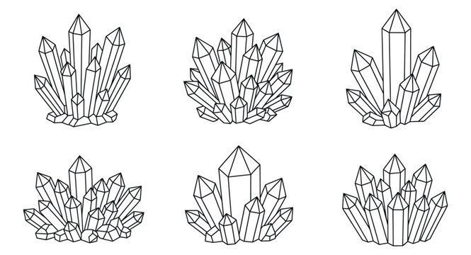 Six distinct line art illustrations depict clusters of pointed geometric crystals in various sizes and arrangements showcasing their faceted forms gemstone mineral quartz