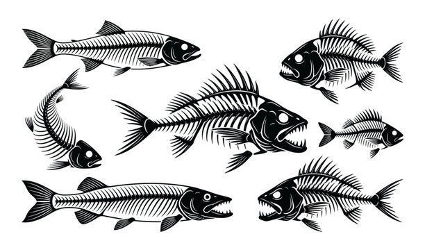 A collection of detailed black and white illustrations depicting various stylized fish skeletons in different poses and sizes showcasing their internal bone structures fish bones