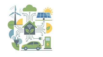 Fototapeta premium Smart home technology integrating renewable energy sources like solar and wind power with electric vehicle charging infrastructure.