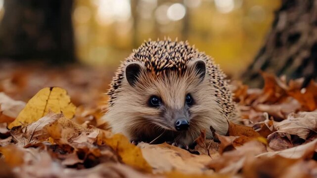 A cute hedgehog is walking on fallen leaves in a forest setting during autumn. The hedgehog appears to be enjoying its time outdoors.