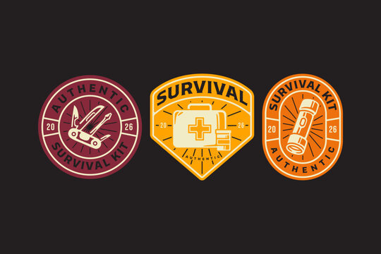 Emergency survival kit retro badge logo set for rescue. Outdoor survival kit vintage patch symbol pack for adventure. First aid kit, Flashlight, Multitool