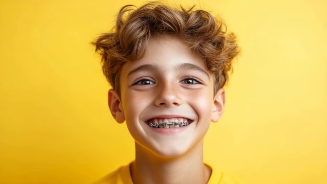 A cheerful young boy showing off his braces against a bright yellow background.