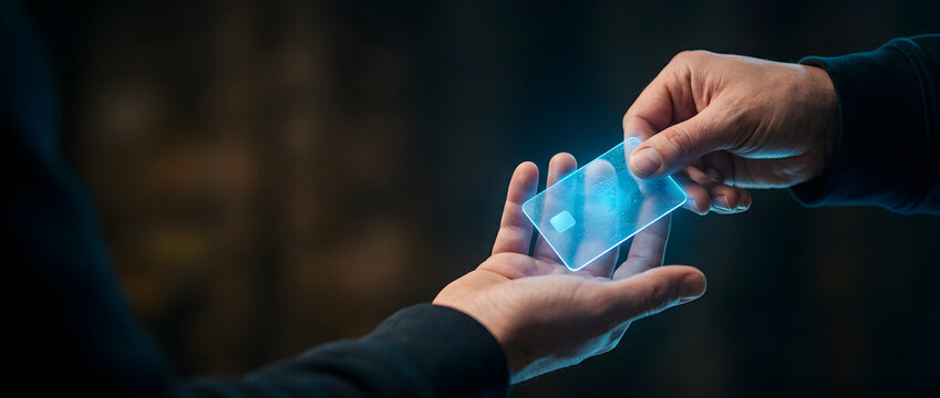 Two hands exchanging glowing transparent digital credit card with blue circuit pattern