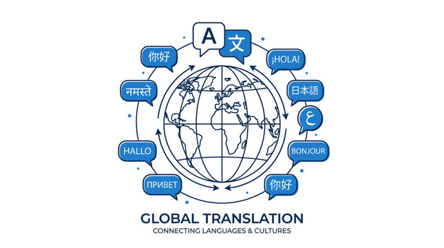 Global translation icon with world map and multiple languages.