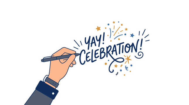 Hand writing yay celebration text with festive elements.