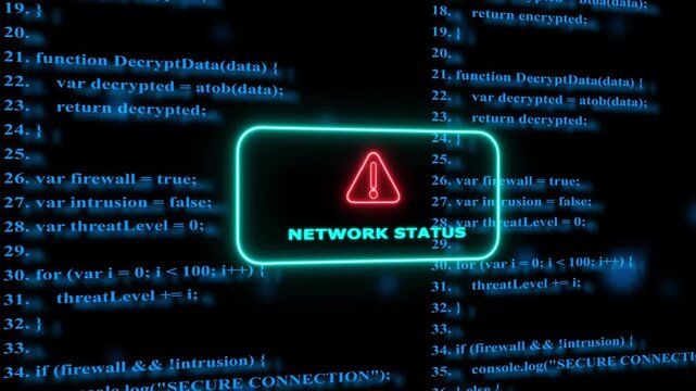 Network status warning alert with scrolling programming code background, for cybersecurity and, data protection concepts