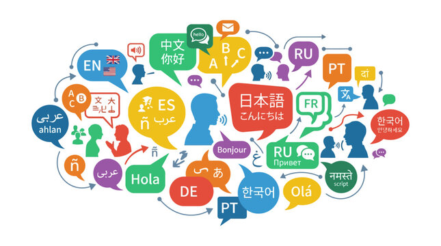Multilingual speech bubbles forming a large conversation cloud.