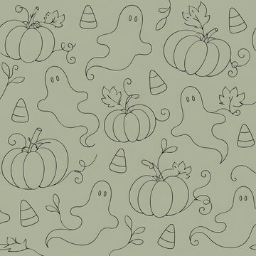 Cute Halloween seamless pattern with hand drawn ghosts, pumpkins and candy corn on sage green background, spooky autumn wallpaper vector illustration