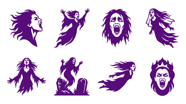 Collection of purple ghost and banshee horror icons.