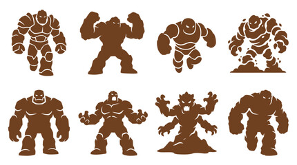 Brown earth golem and heavy titan character silhouettes. © ksatria