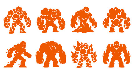 Orange rock monster and golem character silhouette set. © ksatria