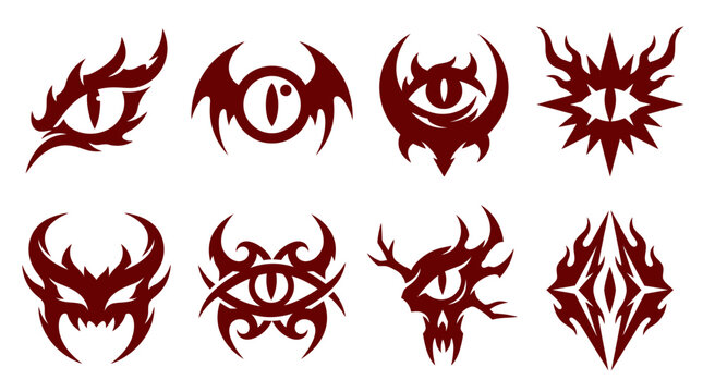 Red demonic eye and monstrous mask icon collection.