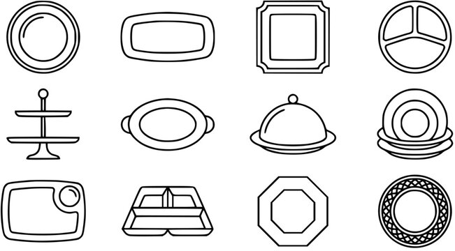 Food Industry Tableware and Serving Dishes Black  White Line Art Icons Set