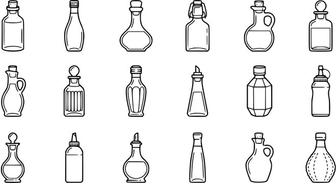 Kitchen and Food Oil Vinegar Bottles Line Art Icons Set. Outline Cruets, Sauce and Beverage Dispenser Containers for Cooking and Dining