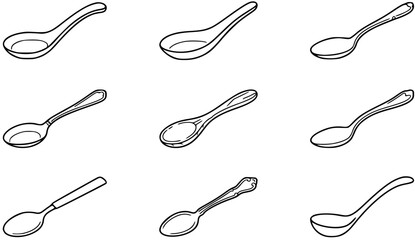 Fototapeta premium Food Dining Utensils: Collection of Various Spoons in Black and White Line Art Style Drawing for Kitchen and Restaurant Concepts.