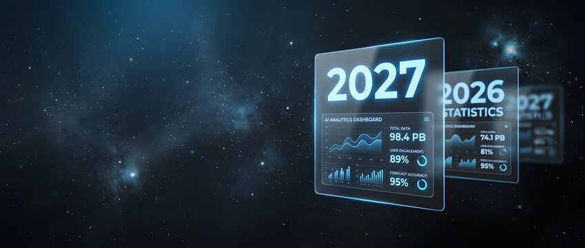 Futuristic glowing 2027 analytics dashboard floating in dark starry space with statistic panel