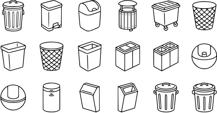 Black  White Line Art Vector Icon Set of Waste Management and Recycling Bins. Featuring Various Trash Cans, Dustbins, and Refuse Containers for Environmental Use.